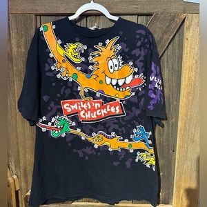 Vintage Smiles N Chuckles T-Shirt Black All Over Print Cartoon Promo 90s
